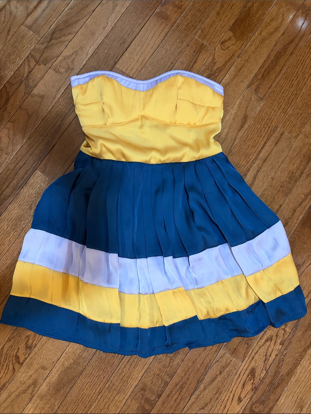 Strapless Colorblock Pleated Dress in Yellow lavendar and Teal